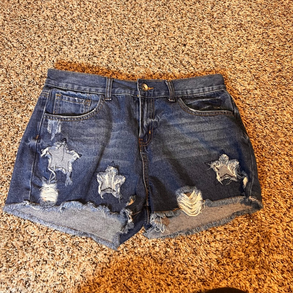 Others Follow Denim Shorts Star Distressed Frayed‎ Hem Blue Medium